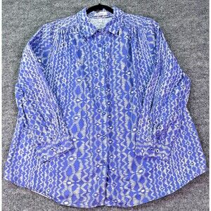 Roaman’s Button Front Blouse 1X Blue White Abstract Print Long Sleeve Plus Size